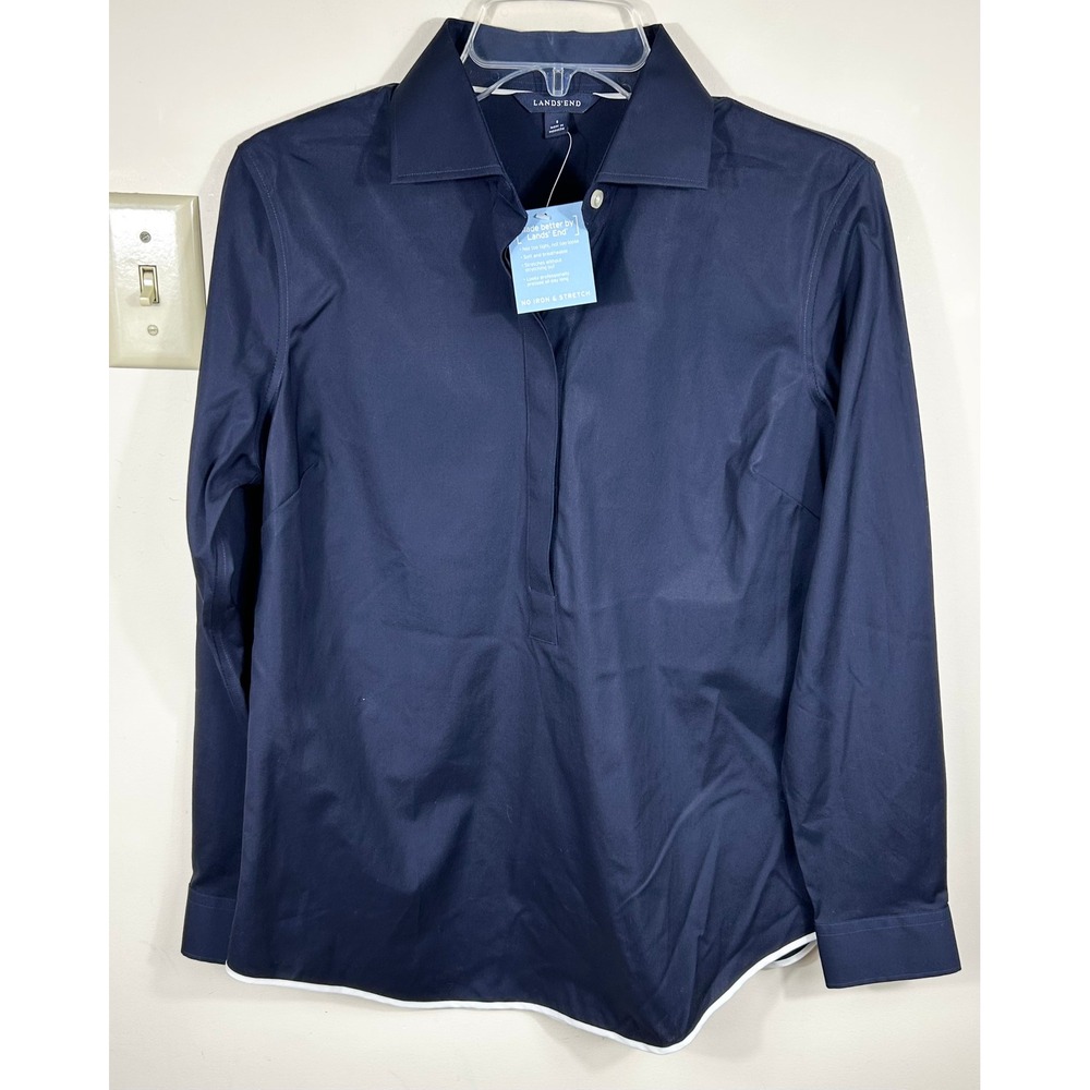 Lands' End‎ Popover Blouse Women 8 Navy No-Iron Stretch Coastal Grandma Cotton